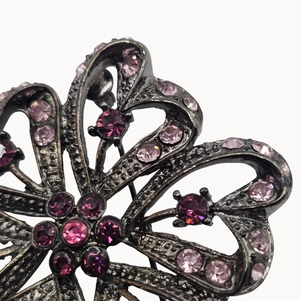 Rhinestone Floral Butterfly Brooch Pin Set 3pc Purple Pink Gunmetal‎ Whimsigoth